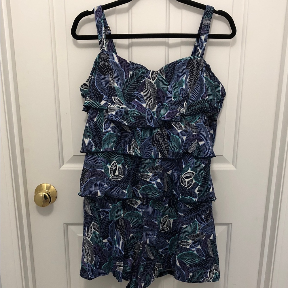 Tiered Ruffle One-Piece Swimsuit in Navy Leaf Print